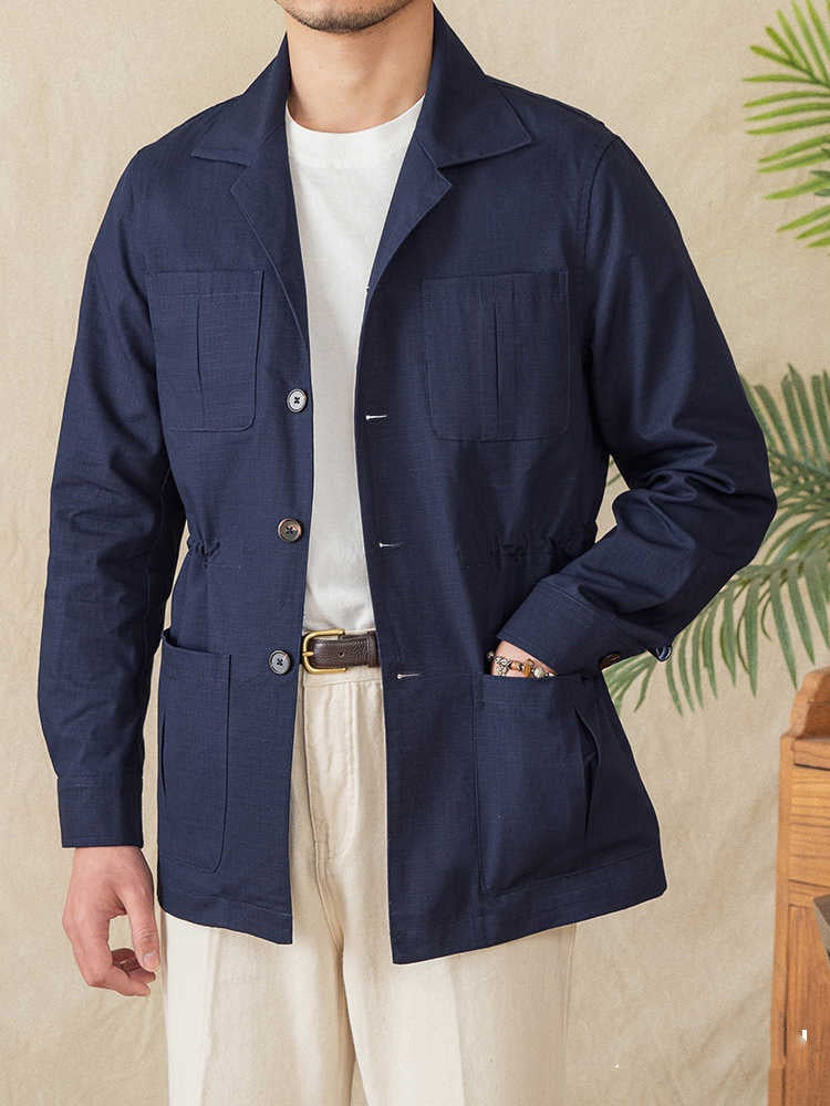 Casual Light Thin Cotton Drawstring Jacket Cuban Collar Plaid Coat