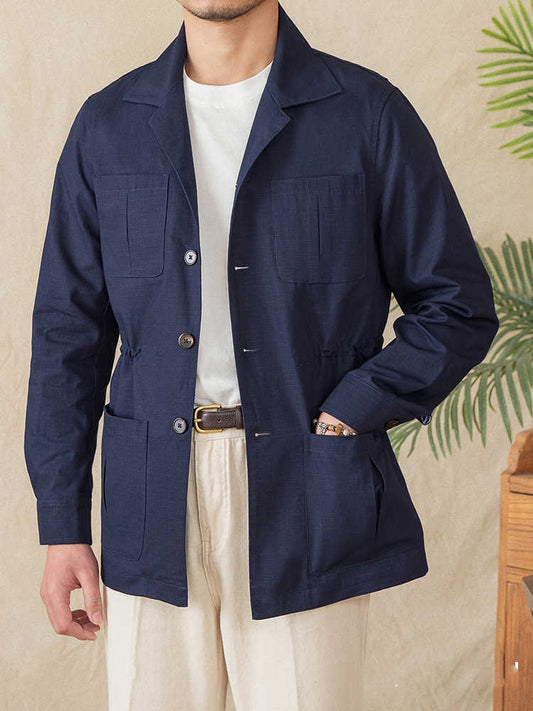 Casual Light Thin Cotton Drawstring Jacket Cuban Collar Plaid Coat