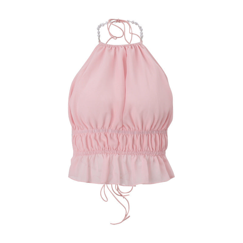 Street-style Sexy Hollow-out Pleated Solid-color Halter Tank Top