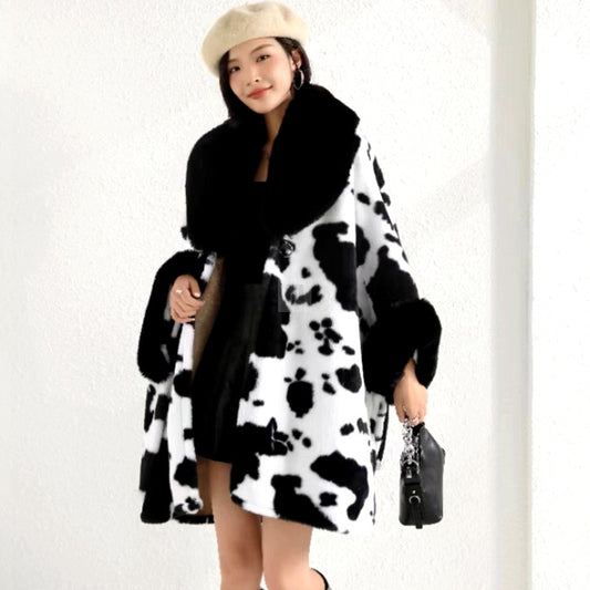Oversize Loose Large Wool Collar Thickened Printed Coat