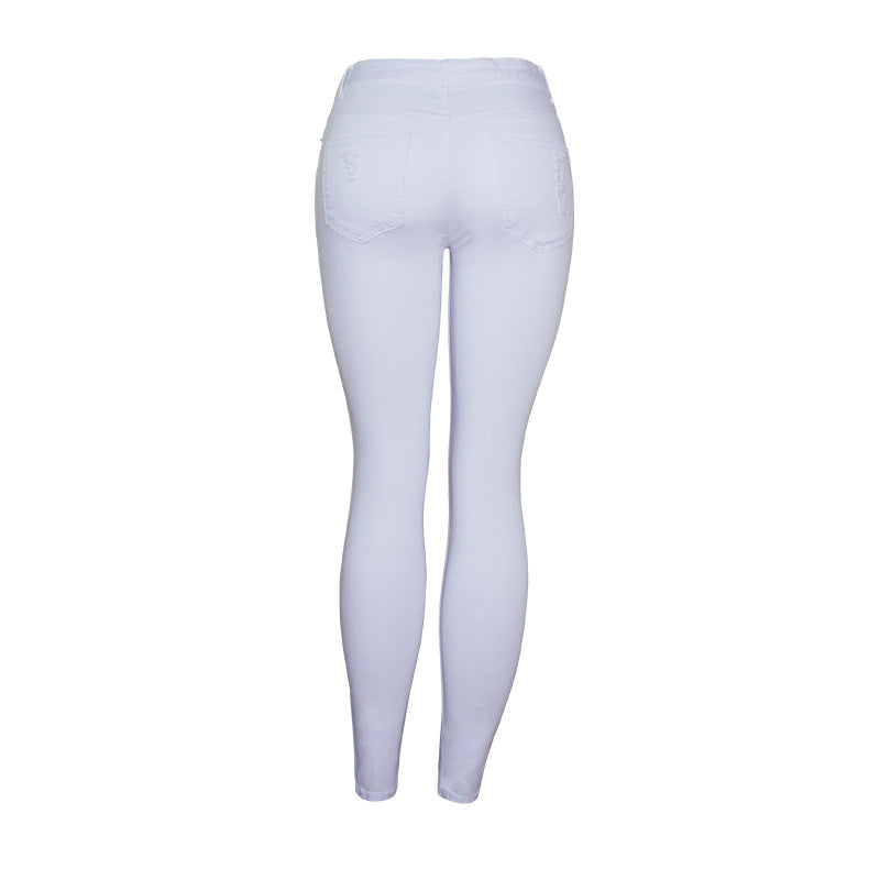 Trendy Slim-fit Ensfarvede Hvide Ripped Skinny Bukser til Kvinder
