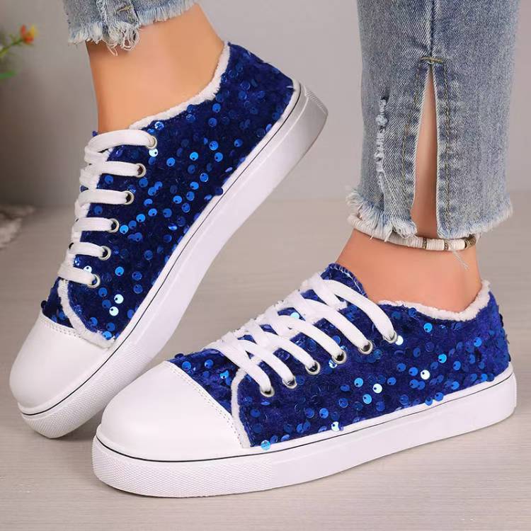 Flade Casual Pumps med Rund Tå, Snørebånd og Pailletter