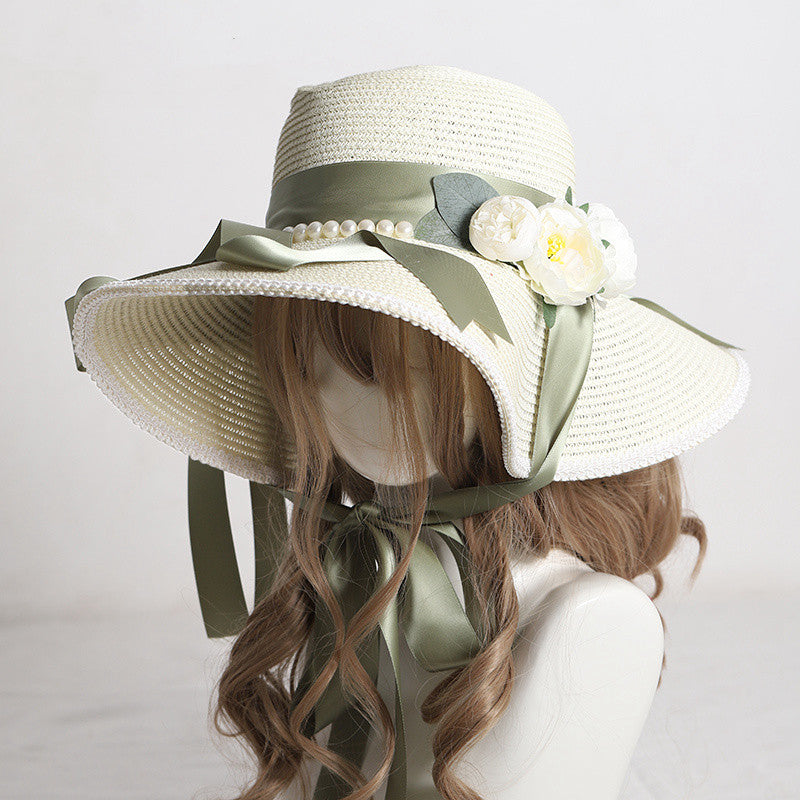 Flower Straw Women's Sun Hat Sunscreen Big Brim  Hand-made Bow