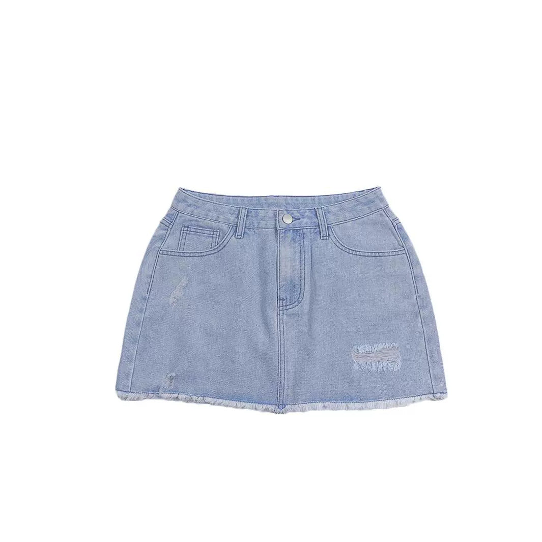 Ripped Denim Mini With Raw Hem Street-style Casual Denim Skirt Featuring Pockets