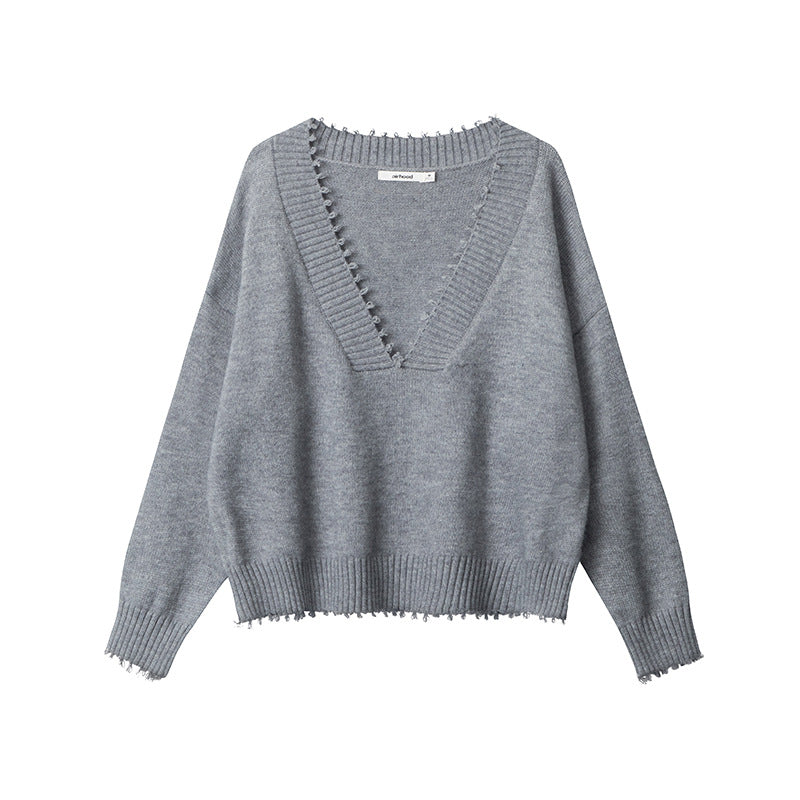 European And American Raw Edges Design V-neck Long-sleeved Sweater