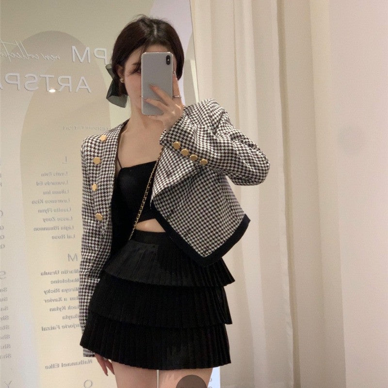 Thousand Bird Check Long Sleeve Temperament Design Loose Short Women's Coat