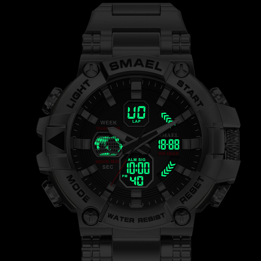 Men's Luminous Timing Stainless Steel Alloy Double Display Electronic Watch