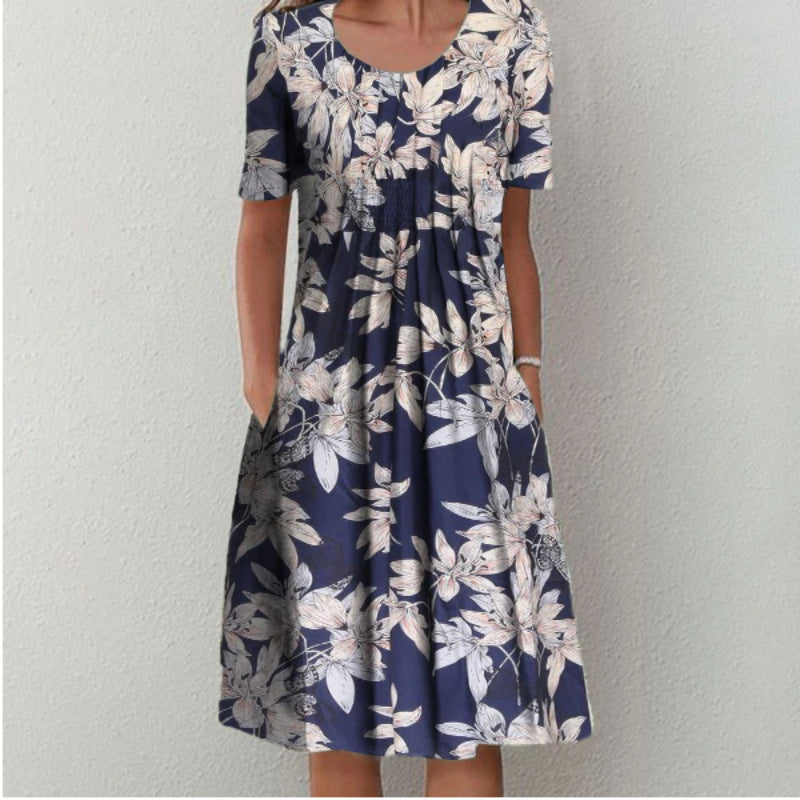 Spring And Summer Women's Elegant Large Swing Round Neck Printed Short Sleeve Dress