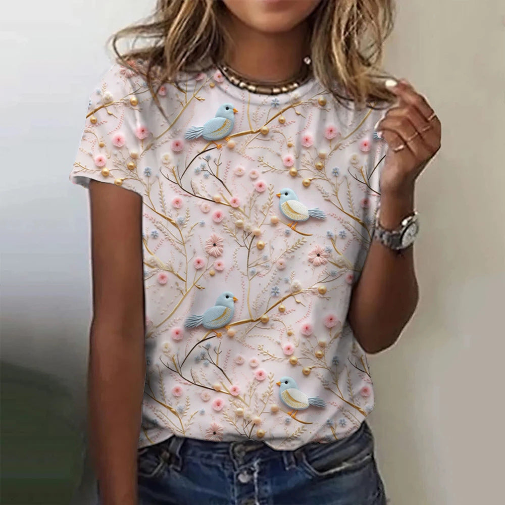 Floral Print Women's T-shirt Short Sleeve Casual Round Neck T-shirt Summer Ladies