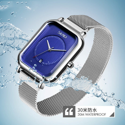 Fashionable Mens Square Business Quartz Student Mens Mesh-Strap Waterproof Calendar Watch