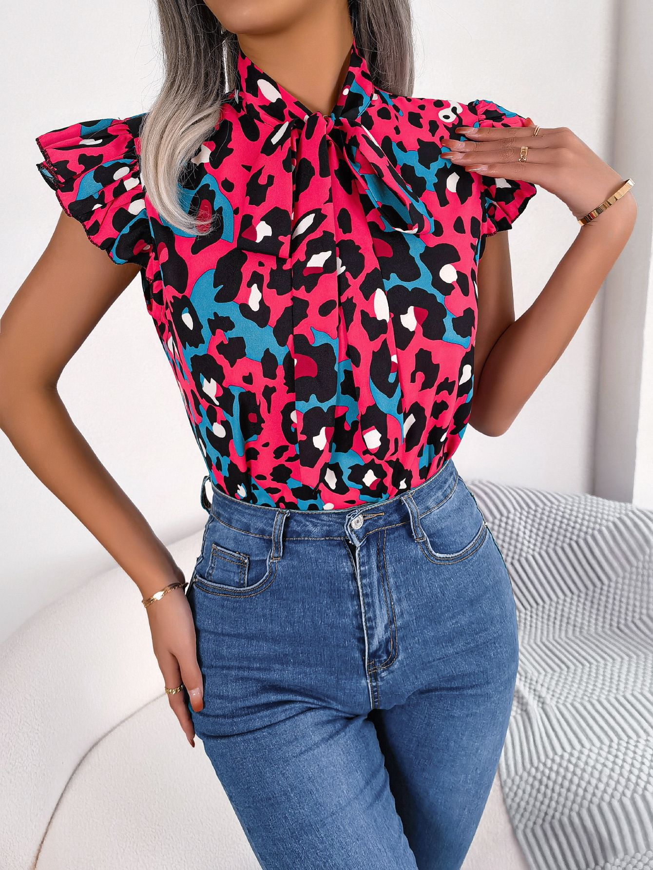 Women's Casual Leopard Print Ruffle Trim Tie Chiffon Blouse Top