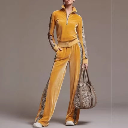 Leopard-print Patchwork Casual Long-sleeve Pants Set For Women