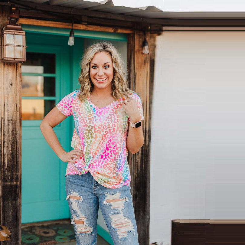 Ladies V-Neck Print Colorful Leopard Top T-Shirt