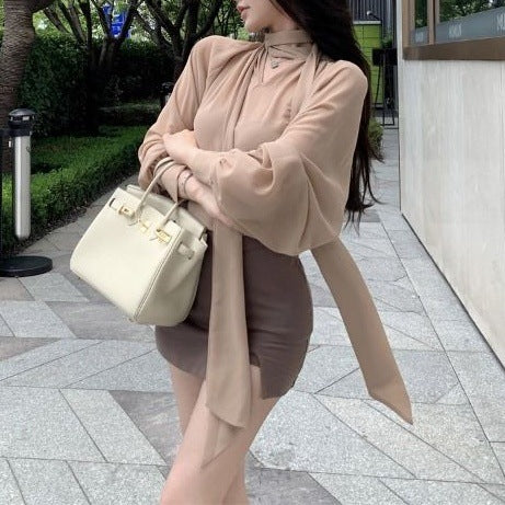 Lantern-sleeve Chiffon Blouse For Women Springautumn, Pure And Alluring French Style