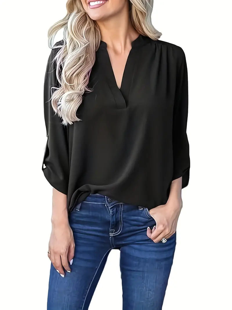 European And American Spring And Autumn V-neck Shoulder Pleated Long Sleeve Chiffon Shirt