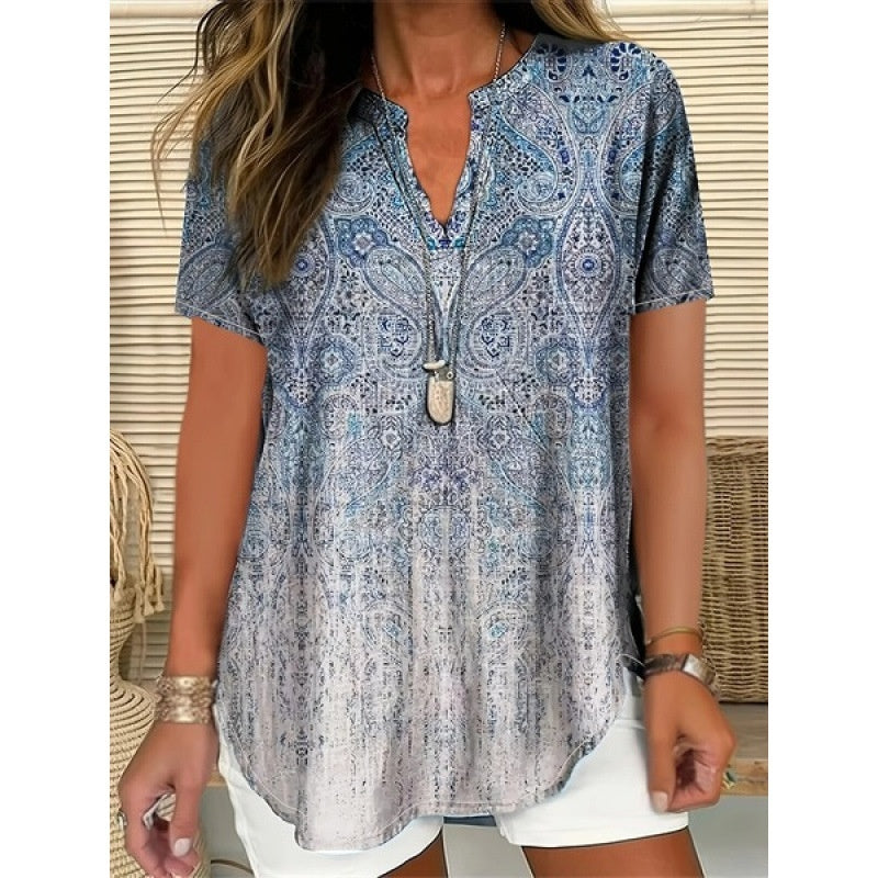 Printed Women's Spring And Summer Loose V-neck Short Sleeve Top 3D