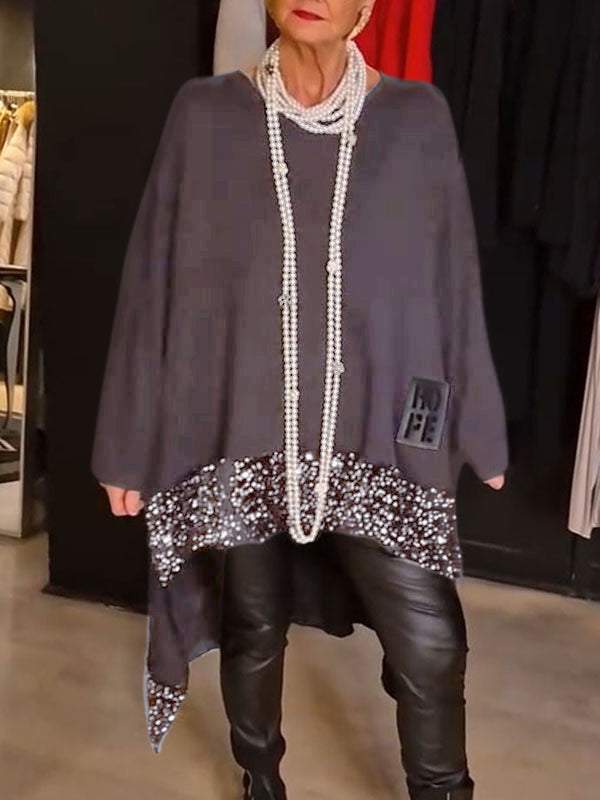 Loose And Irregular Hem Sequin Stitching Round Neck Long Sleeve Top