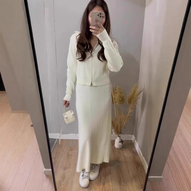 Solid-color Long-sleeve Zip-up Jacket And Skirt Fashion Set