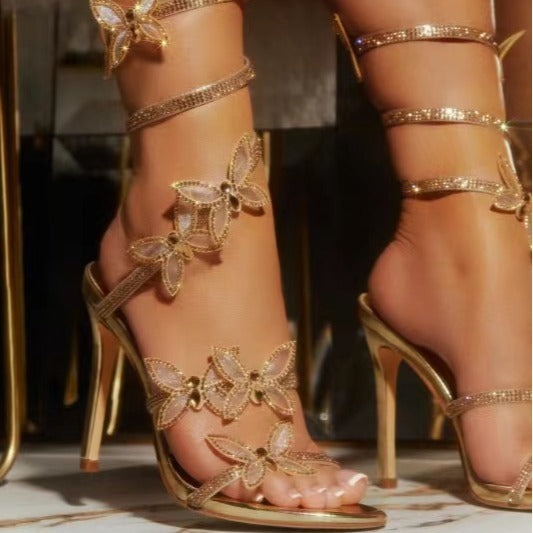 Sexy Fashion Rhinestone Shiny Butterfly Stiletto Heel Stiletto Strap Winding Sandals
