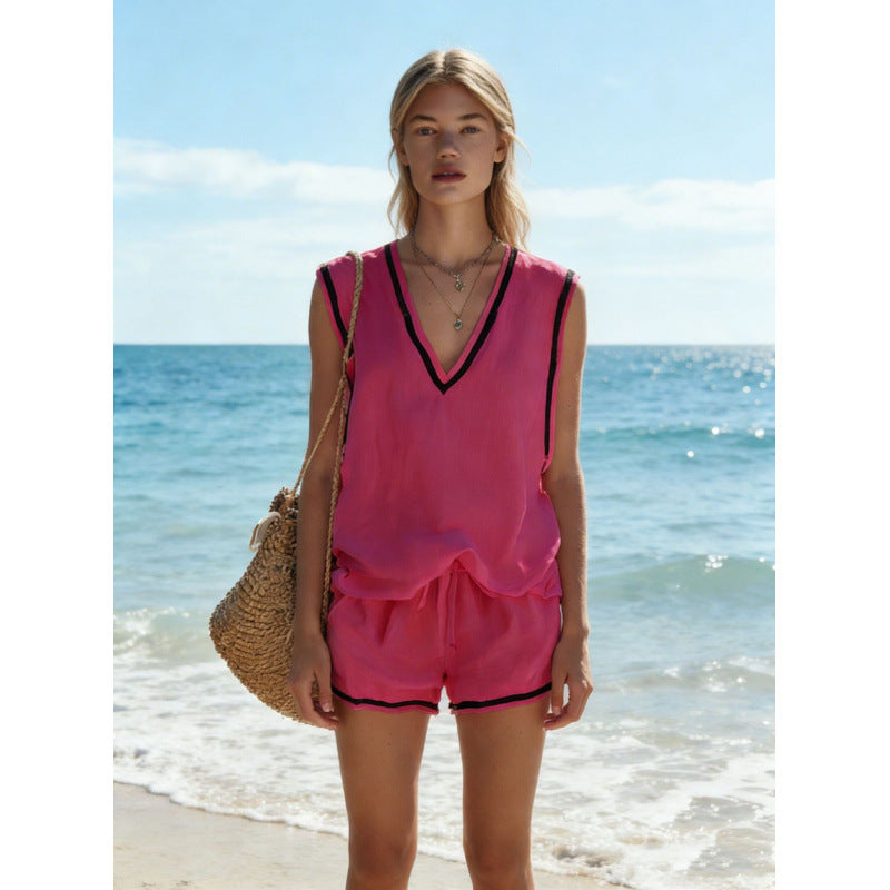 Women's V-neck Vest And Shorts Two-Piece Set