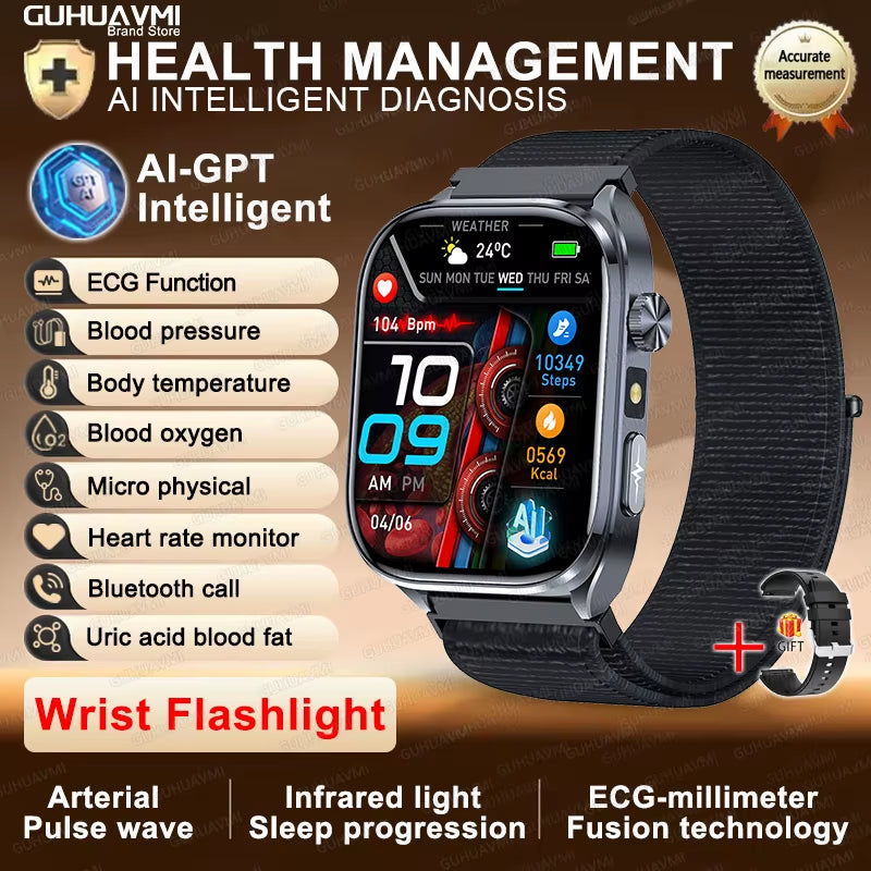 2025 New ECG+PPG AI Healthy Diagnose Smart Watch Men Blood Lipid Uric Acid BT Call Flashlight Blood Pressure Health Smartwatch