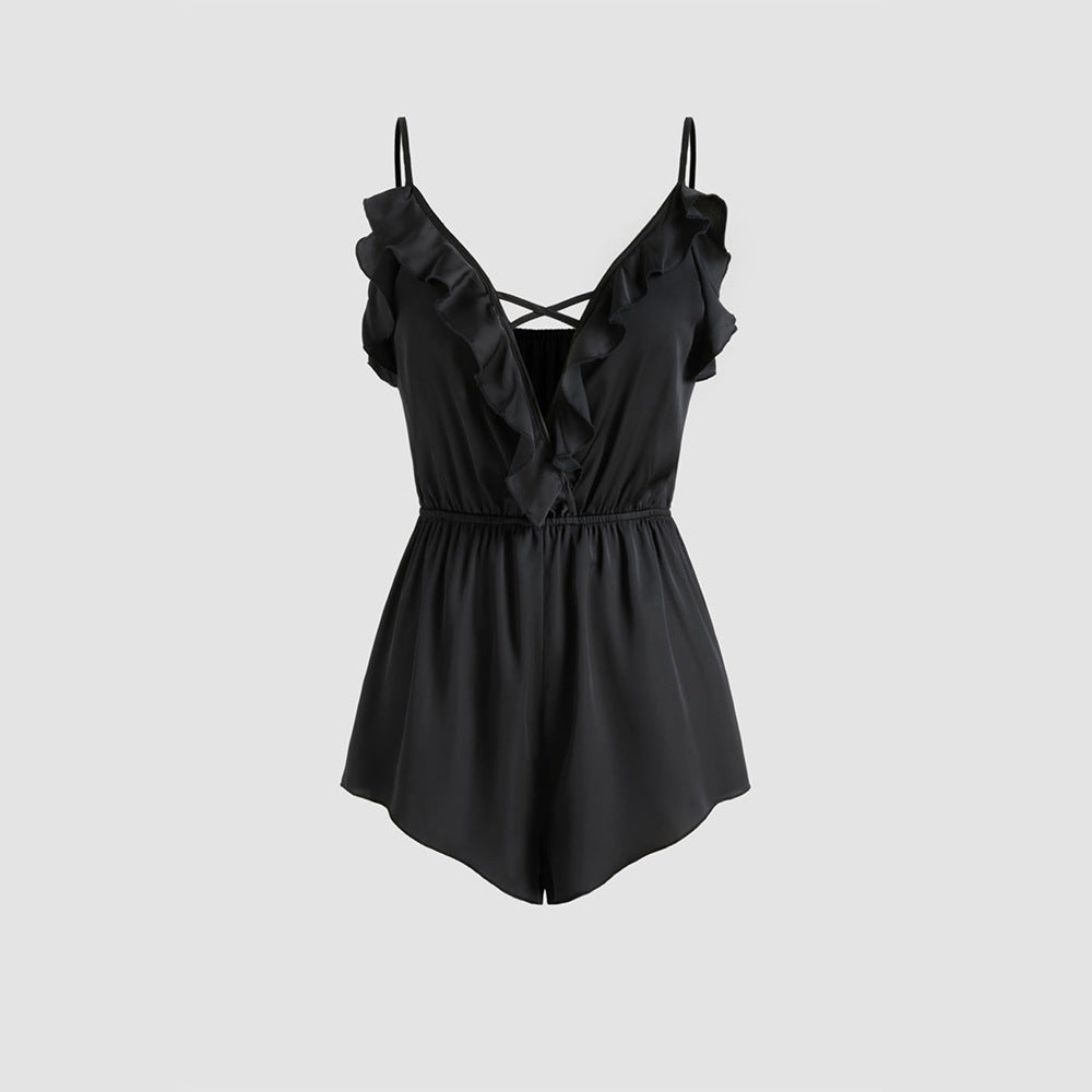 Europæisk og amerikansk sexet stil camisole homewear jumpsuit, sommer dyb V-hals med flæser, behagelig top til kvinder