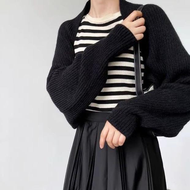Strikket cardigan-jakke til kvinder, flagermusærmet sweater, kort, temperamentsfuld