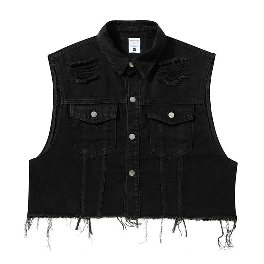 Ripped Frayed Cat Beard Short Vest Denim Men's Trendy Sleeveless Jacket