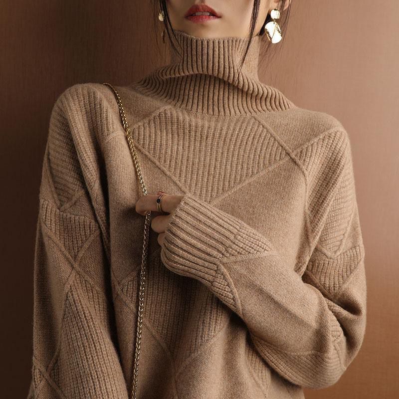 Turtleneck Pullover Diamond All-match Solid Color Loose Sweater