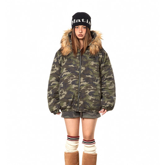 American Retro Heavy Big Fur Collar Hooded Camouflage Cotton Jacket