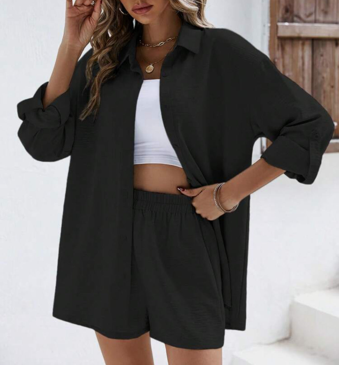 Spring Solid-Colored Lapel Long-Sleeve Shirt And Elastic High-Waist Shorts Casual Set