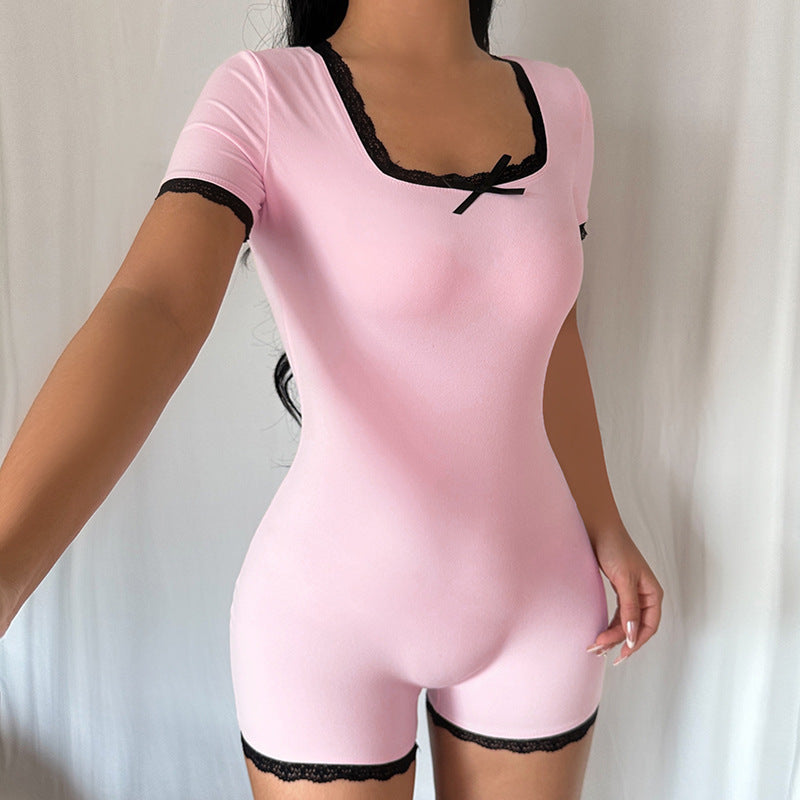 Womens Color-Block Lace-Panel Bodycon Jumpsuit