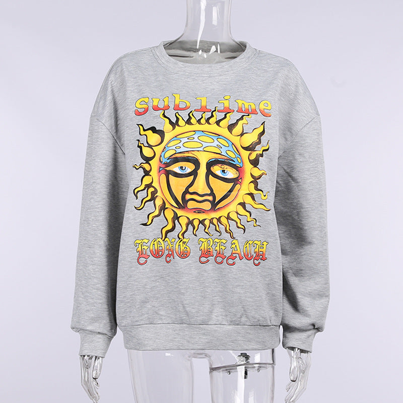 Women's Casual Loose Abstract Sun Letter Print Sweatshirt