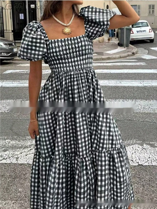 Plaid Square-neck Puffed-sleeve Pleated Dress