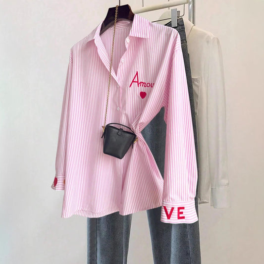 Womens Fashion Casual Embroidered Long-Sleeve Shirt