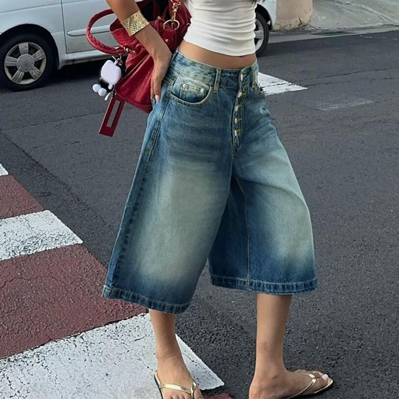 Multi-breasted Denim Shorts