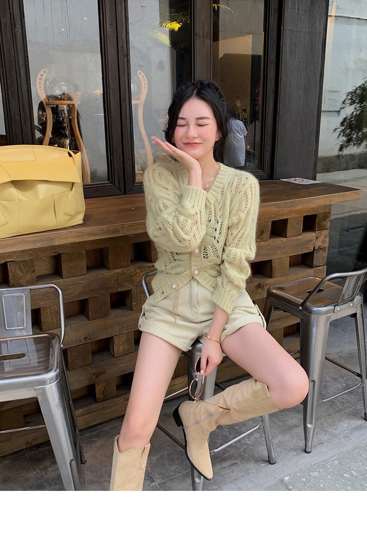 Hulstrikket Mohair Hvid Cardigan