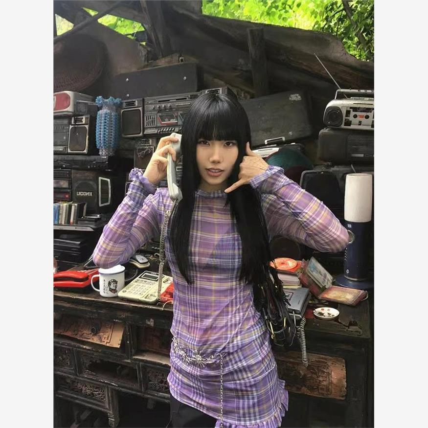 Plaid Gauzy Bottoming Shirt Long-sleeved T-shirt Mid-length Top