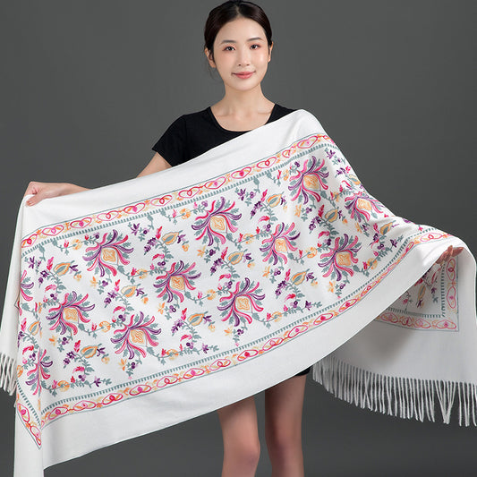 Thickened Tibetan-Nepalese Embroidered Cashmere-Style Scarf For Winter