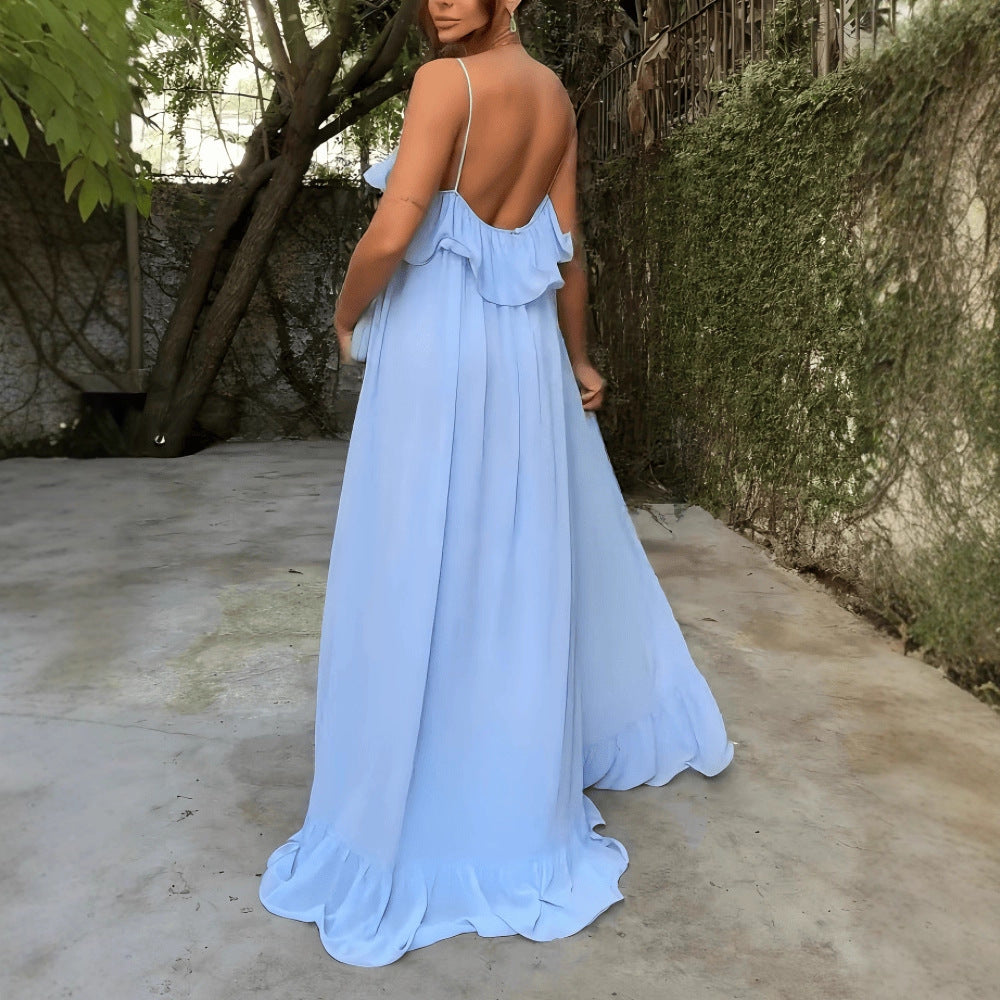 Off-the-shoulder Slip Dress With A Flared Ruffled Hem That Creates A Slimming Silhouette