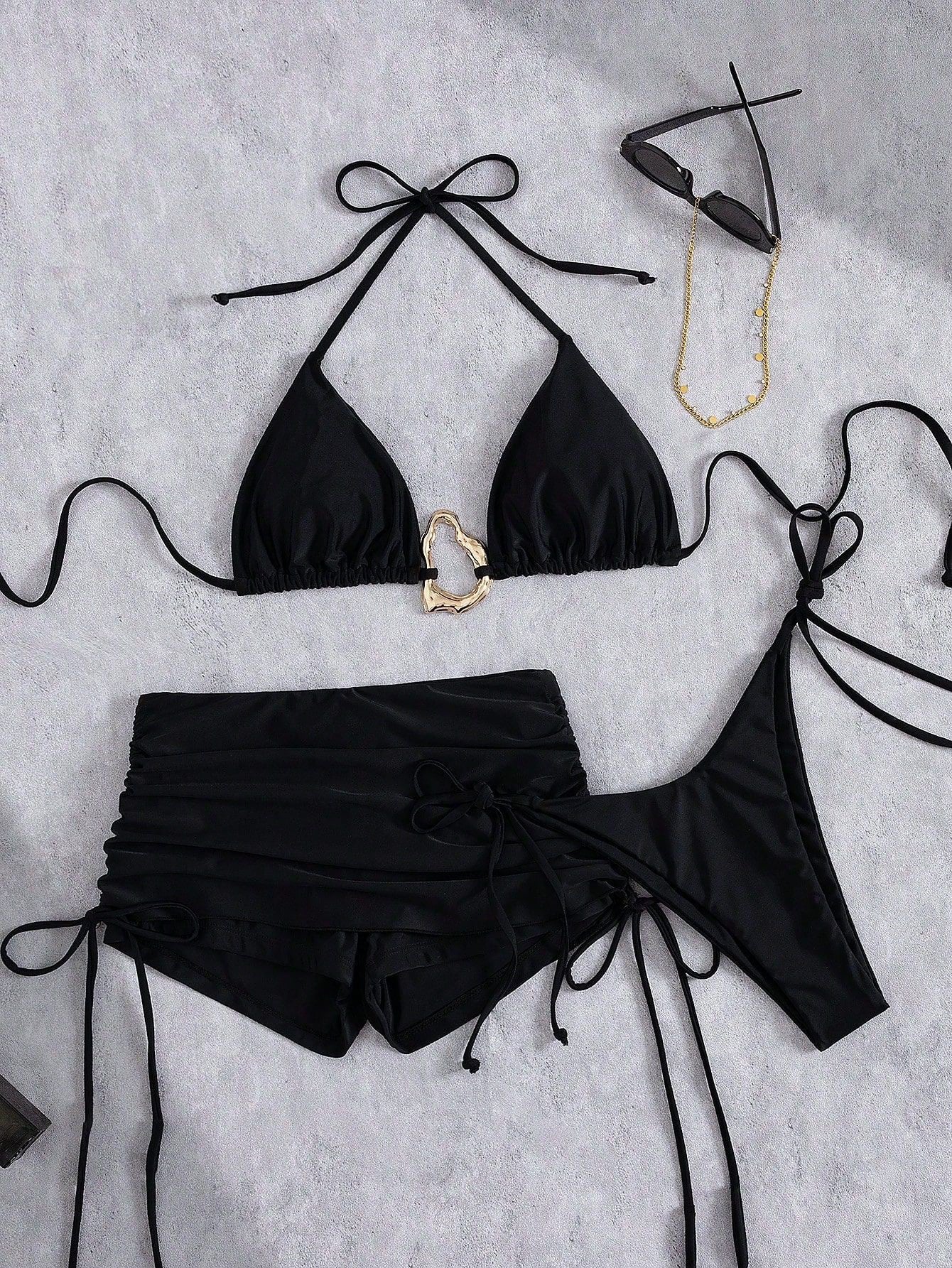 European And American Style Three-Piece Bikini Set Retro Solid-Color Lace-Up Womens Swimsuit