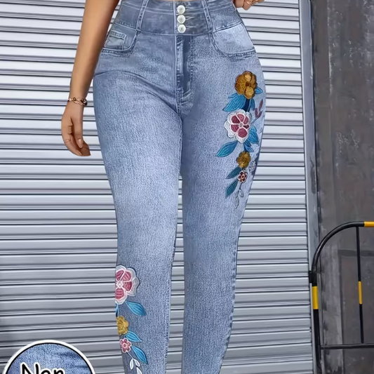 High Elasticity Machine Washable Faux Denim Floral Jeans