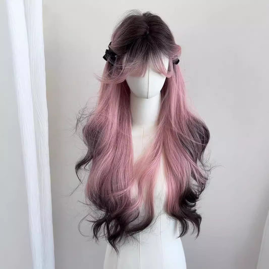 Female Gradient Black High Layered Simulation Long Curly Hair Full-head Wig