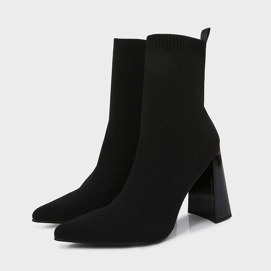 Brown Yellow Geometric High Heel Chunky Heel Retro Ankle Boots Elastic Socks Boots Women