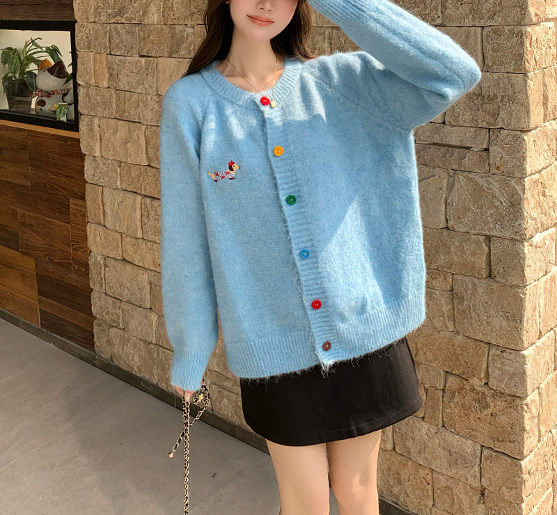 Women's Sweet Round Neck Color Buckle Puppy Pattern Long-sleeved Sweater Cardigan