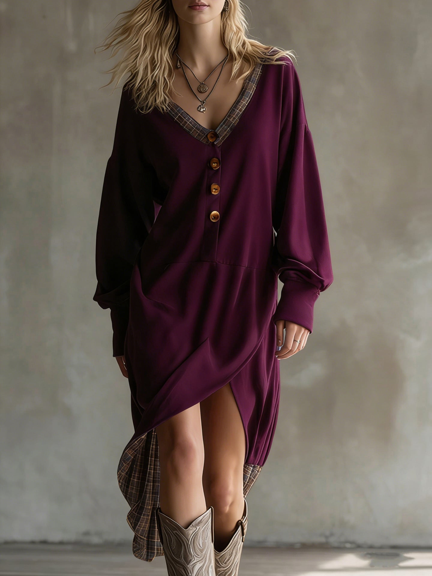 Double Sided Fleece Fabric Dress With A V Neck Long Sleeves And A Contrasting Hem And Neckline