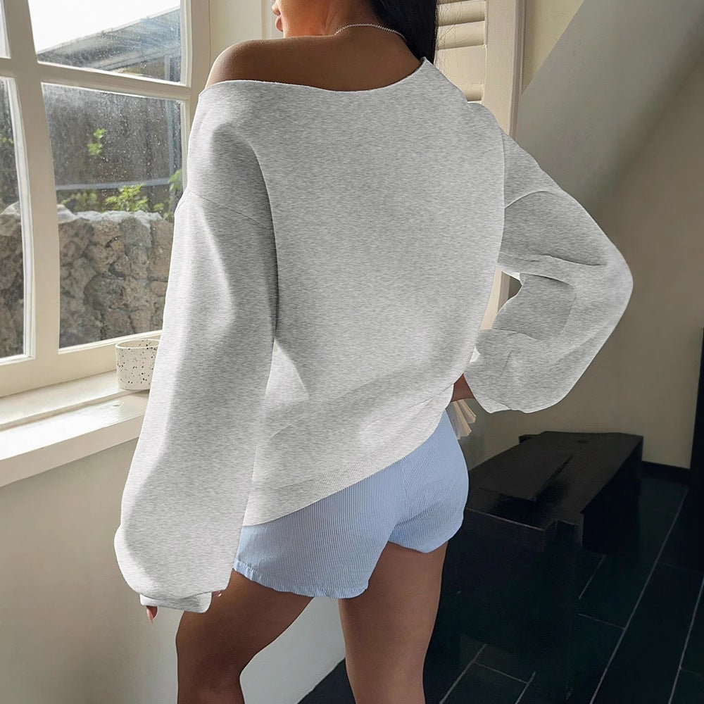 Oblique Shoulder Sweatshirt Women's Retro Print Loose And Versatile