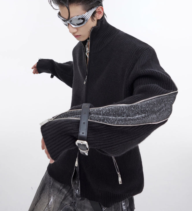 Metal Zipper Design Knitted Cardigan Sweater Belt Buckle Slicing Sweater Coat