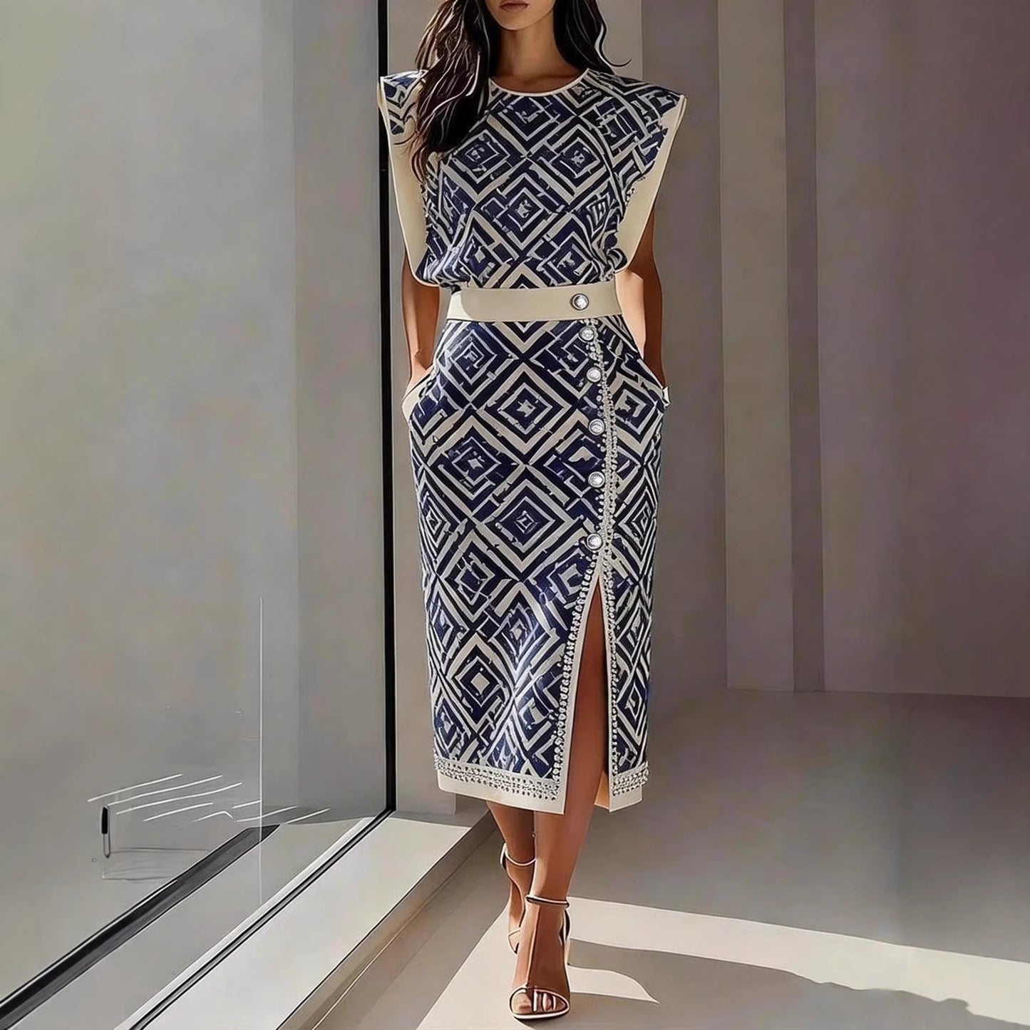 Womens Printed Sleeveless Top And Slit Long Skirt Set