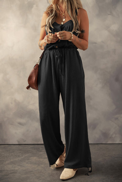Pale Khaki Knotted Straps Button Textured Drawstring Jumpsuit
